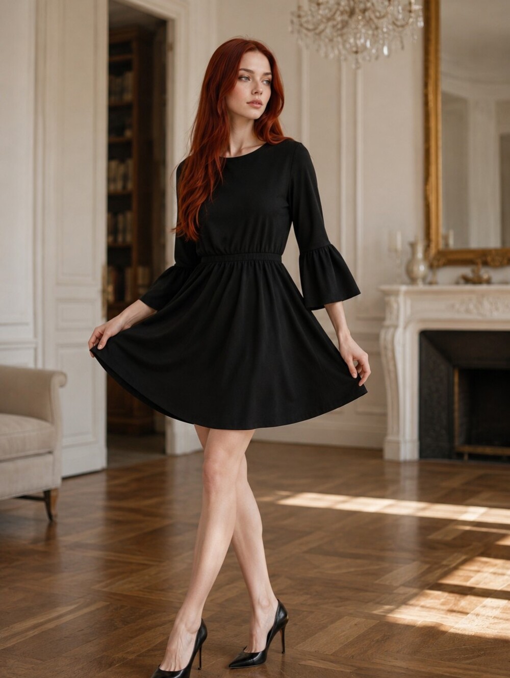 EUC Club Monaco Size 4 Ponte Knit Ruffle Bell Sleeve Black Quiet Luxury  Dress!!